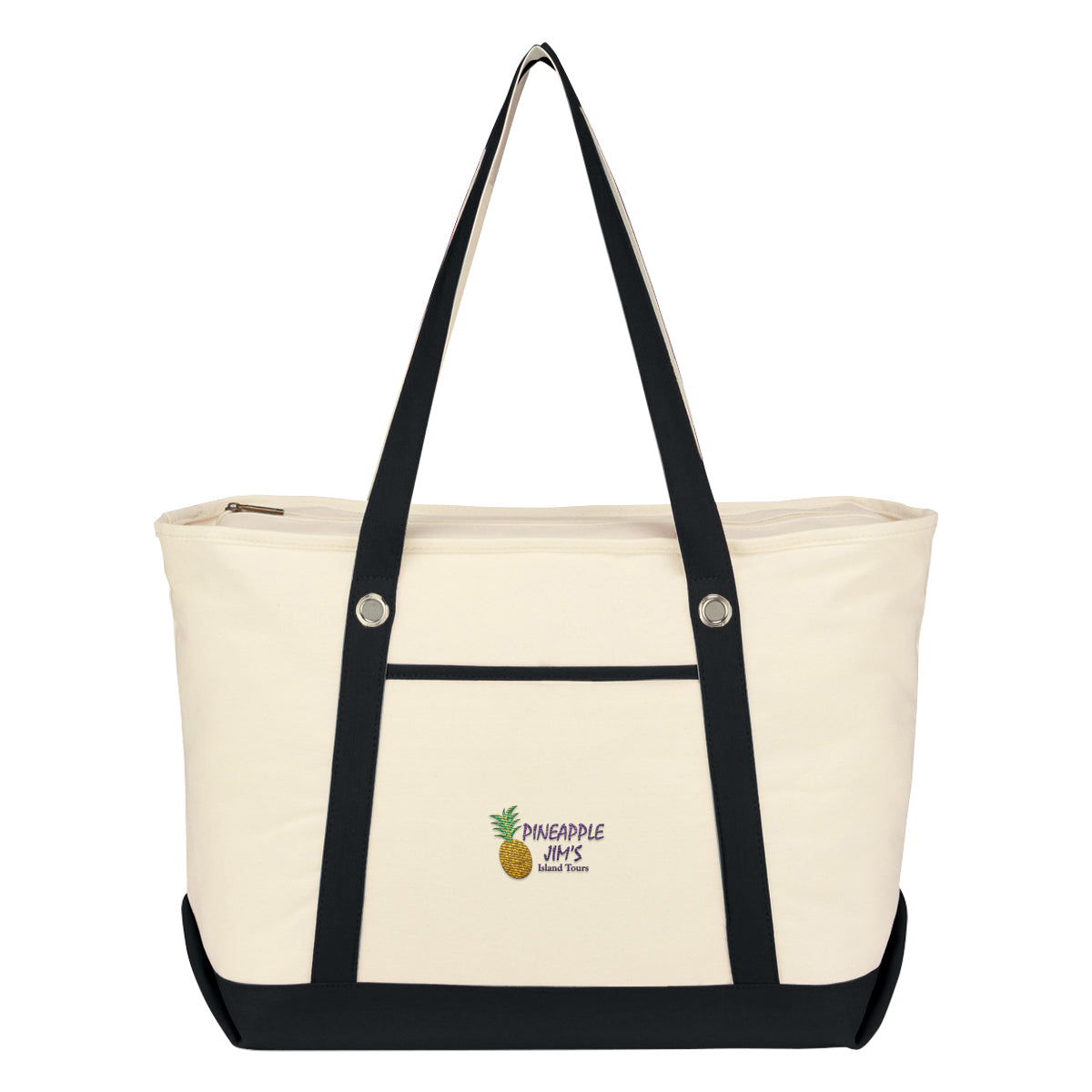 Large Cotton Canvas Sailing Tote Bag, 12 oz Embroidery - Natural with Black - Embroidery