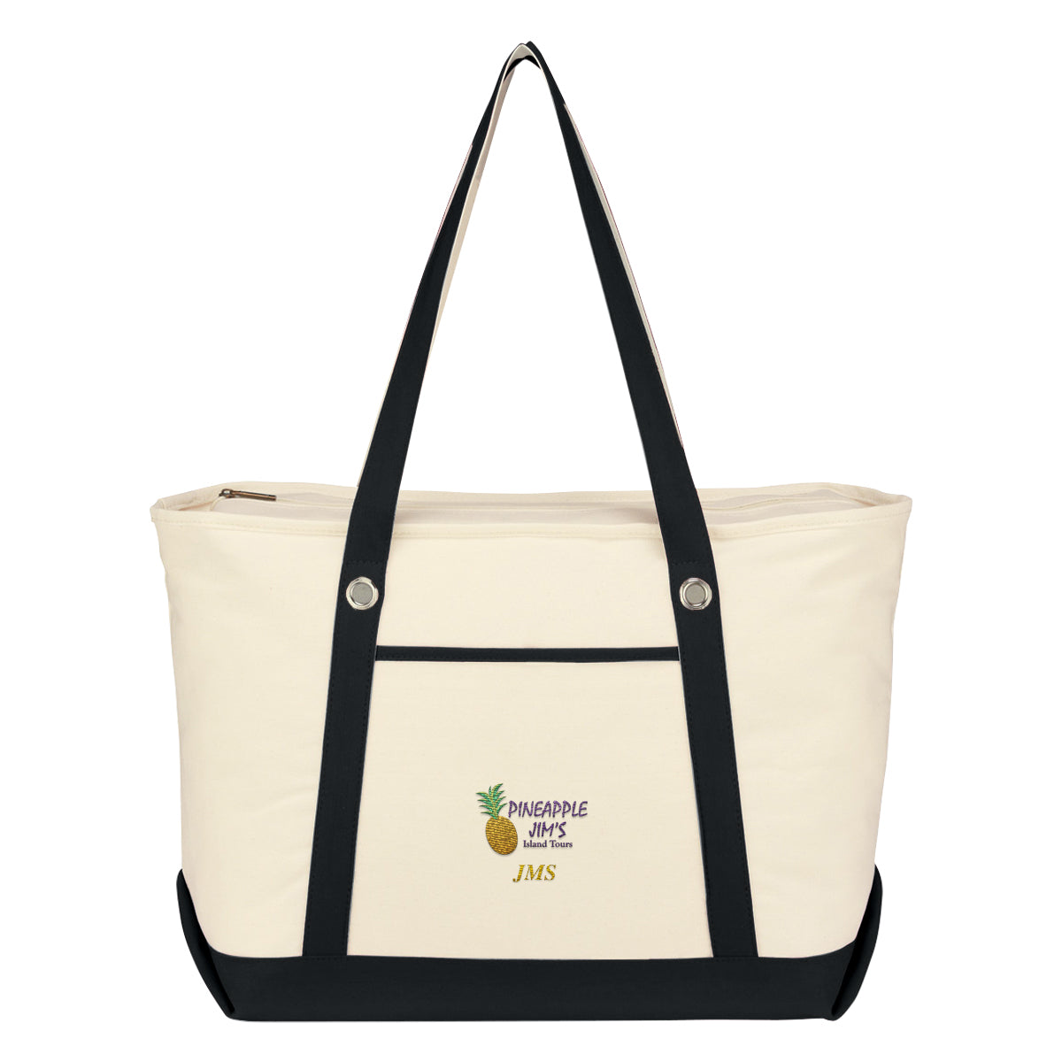 Large Cotton Canvas Sailing Tote Bag, 12 oz Embroidery - Natural with Black - Embroidery