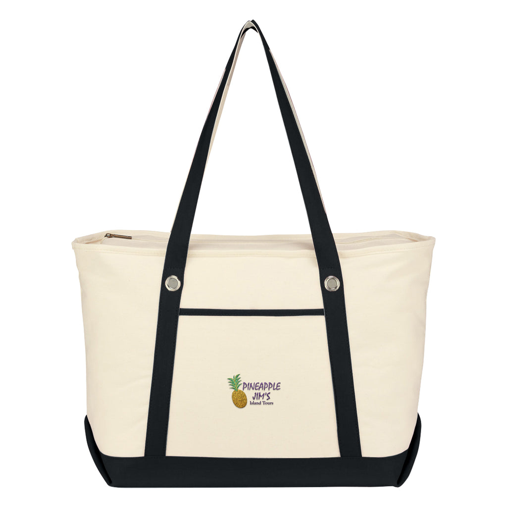 Large Cotton Canvas Sailing Tote Bag, 12 oz - Natural with Black - Embroidery