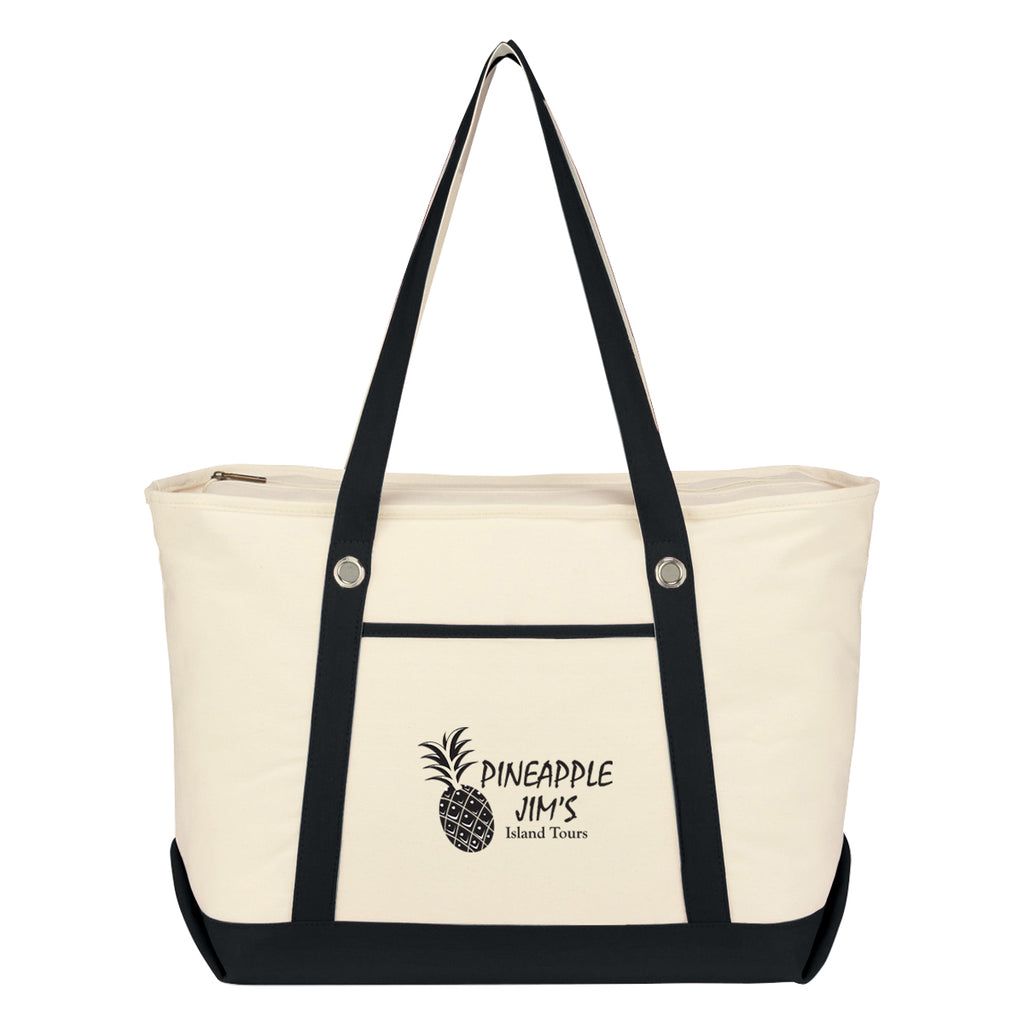 Large Cotton Canvas Sailing Tote Bag, 12 oz - Natural with Black - Silk Screen