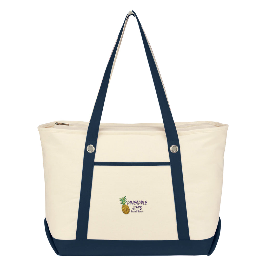 Large Cotton Canvas Sailing Tote Bag, 12 oz - Navy Trim - Embroidery