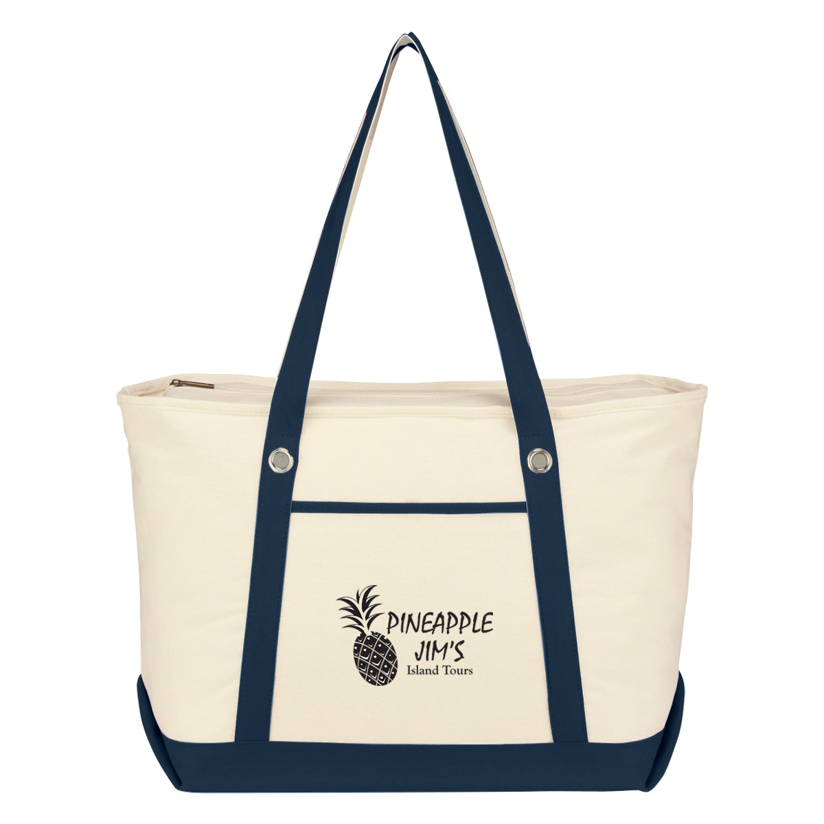 Large Cotton Canvas Sailing Tote Bag, 12 oz - Navy Trim - Silk Screen