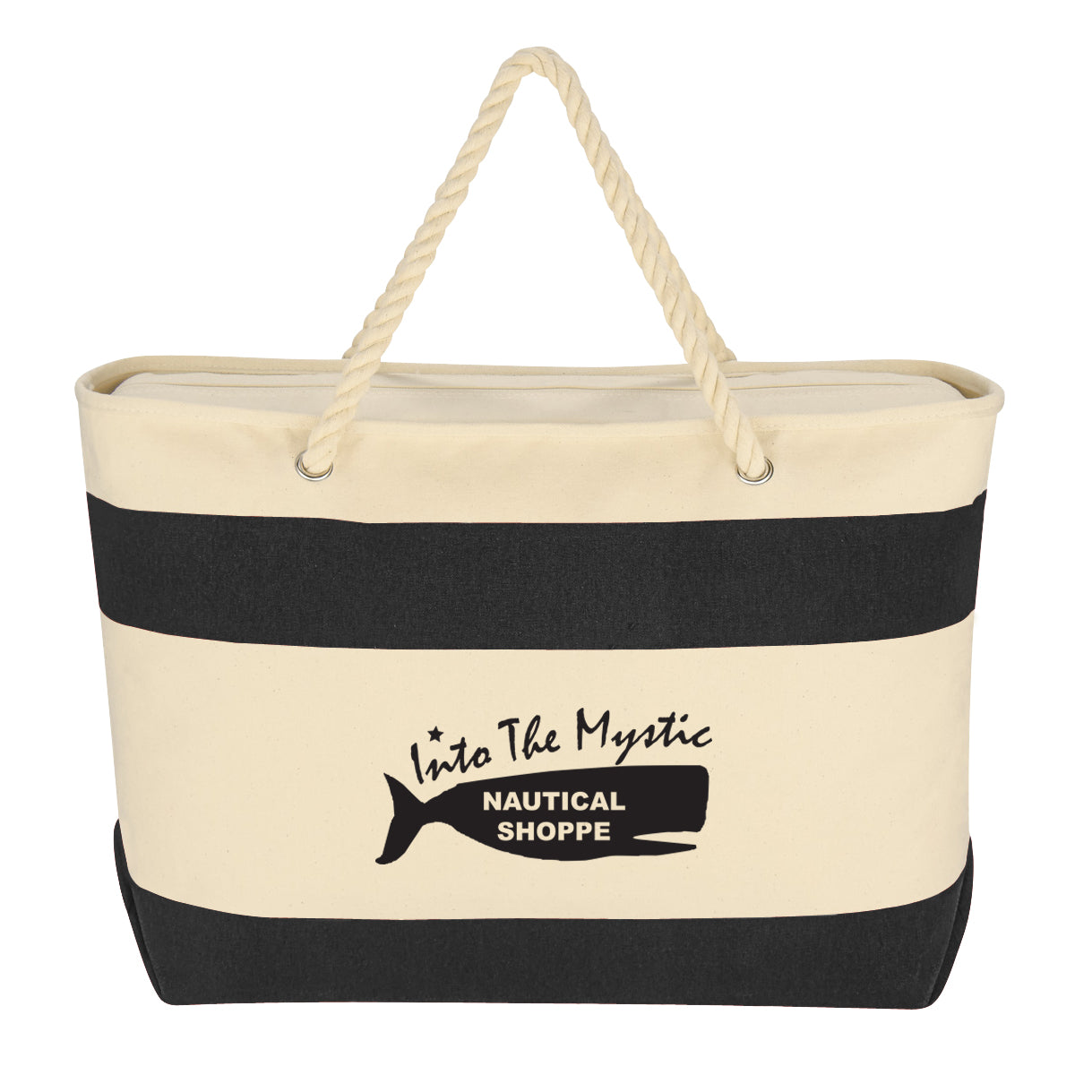 Large Cruising Recycled Canvas Tote, Rope Handles, 16 oz - Natural with Black - Silk Screen