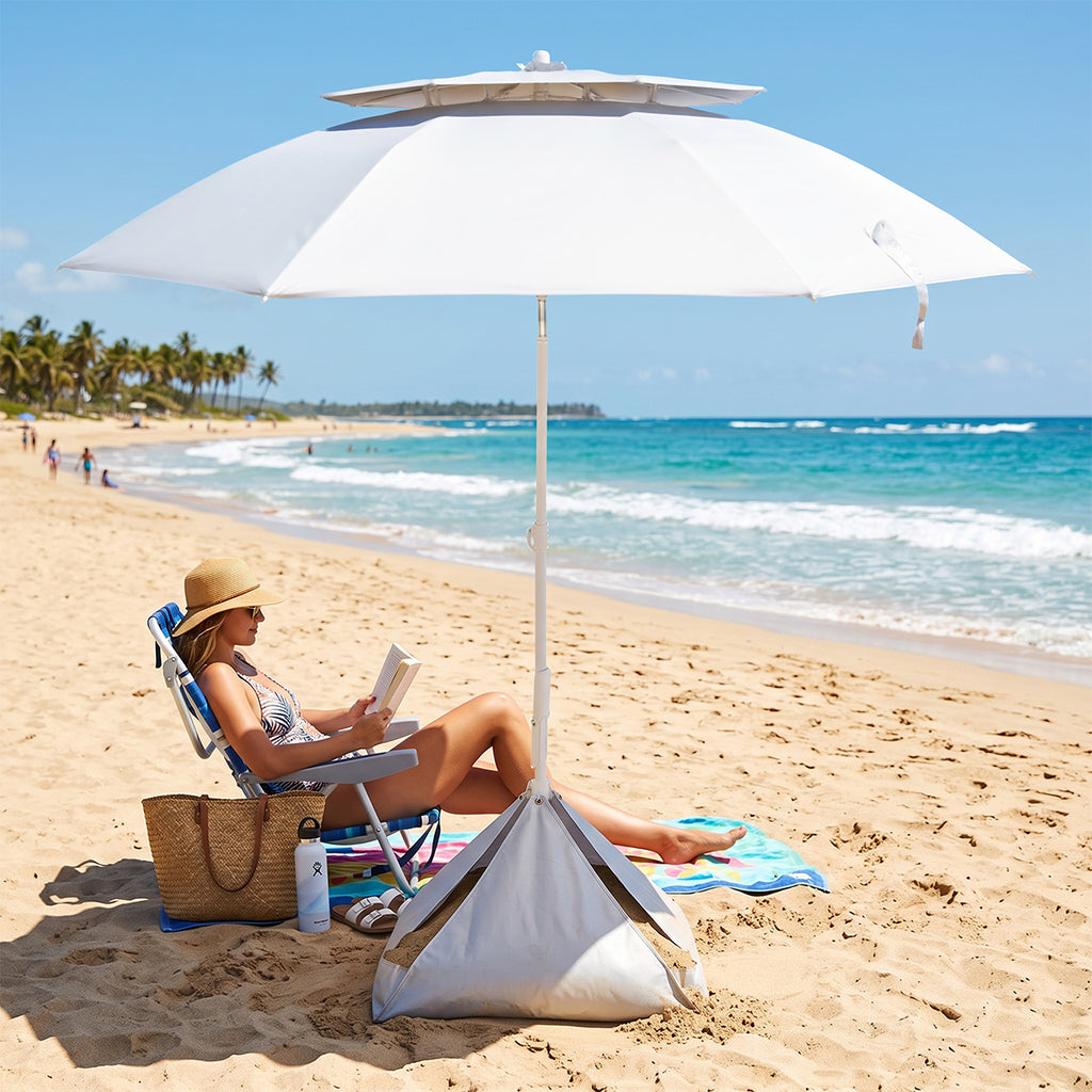 Large Vented Beach Umbrella, Recycled Canopy, 69 Inch Arc - Silver with White - Inuse