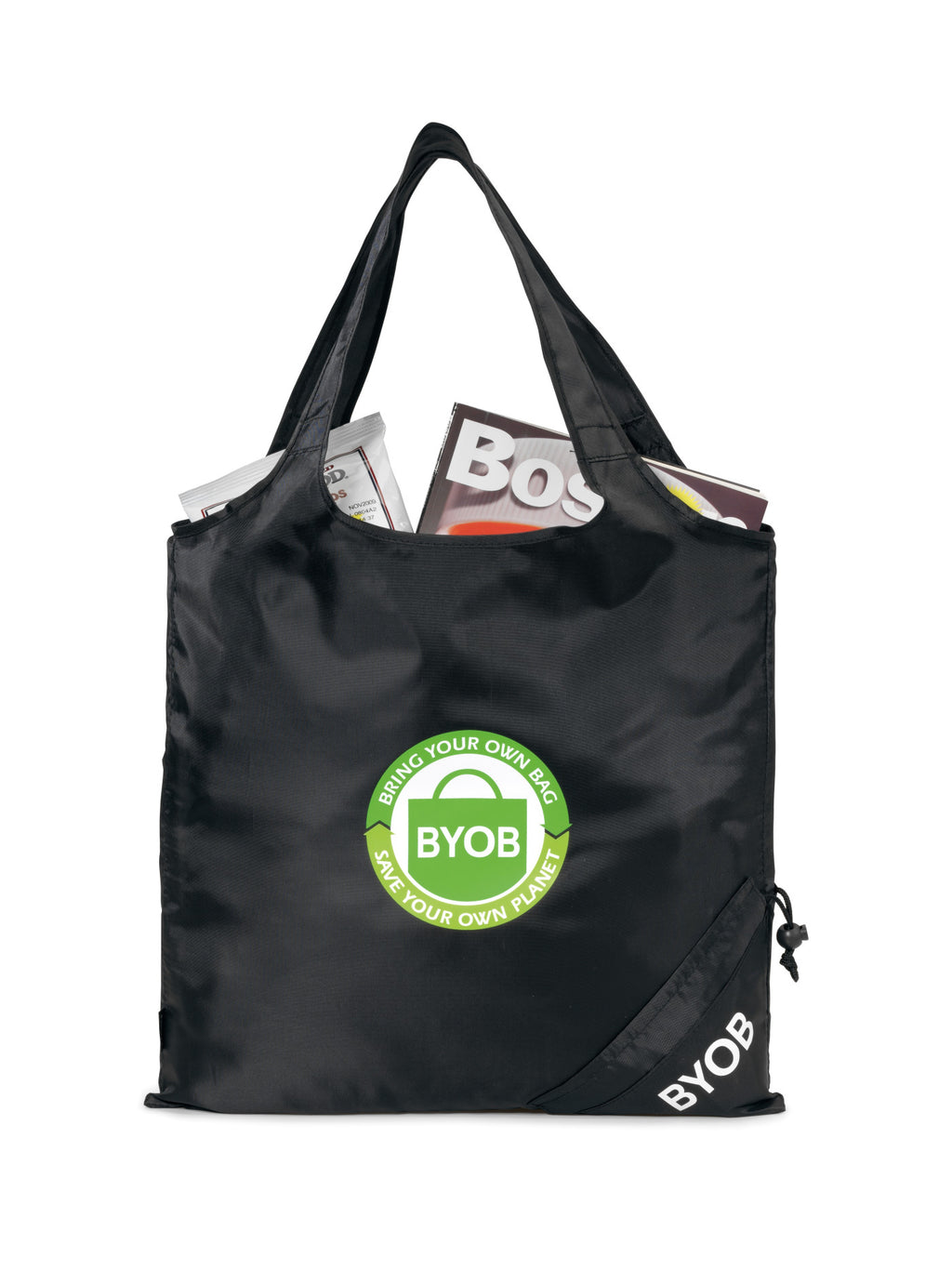 Latitudes Foldaway Shopping Tote with Drawstring Pouch Transfer - Black - View 1