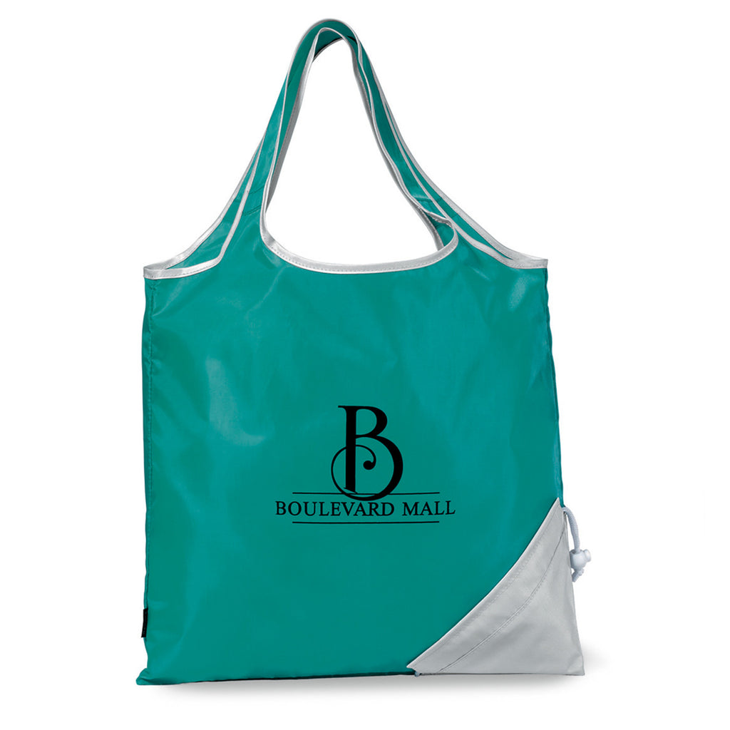 Latitudes Foldaway Shopping Tote with Drawstring Pouch - Turquoise-Silver - View 1