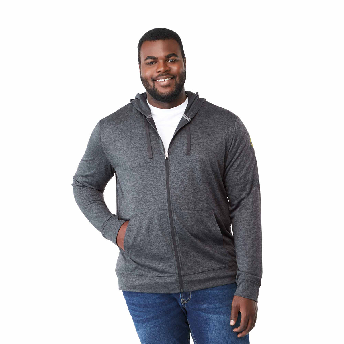 Lavar Eco Knit Full Zip Hoodie for Men Embroidery - Heather Dark Charcoal - Front On Model 2