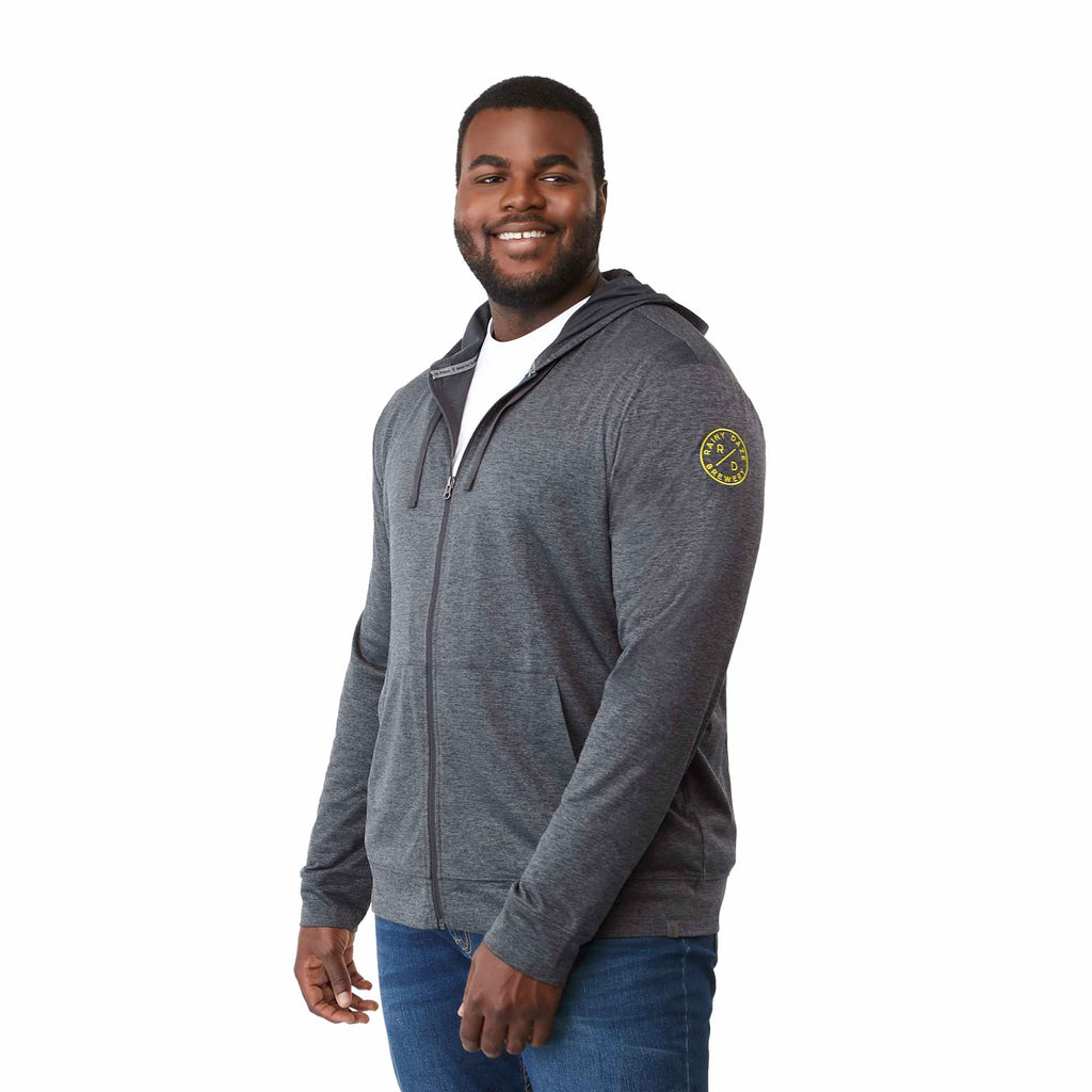 Lavar Eco Knit Full Zip Hoodie for Men Embroidery - Heather Dark Charcoal - Left Angle On Model 2