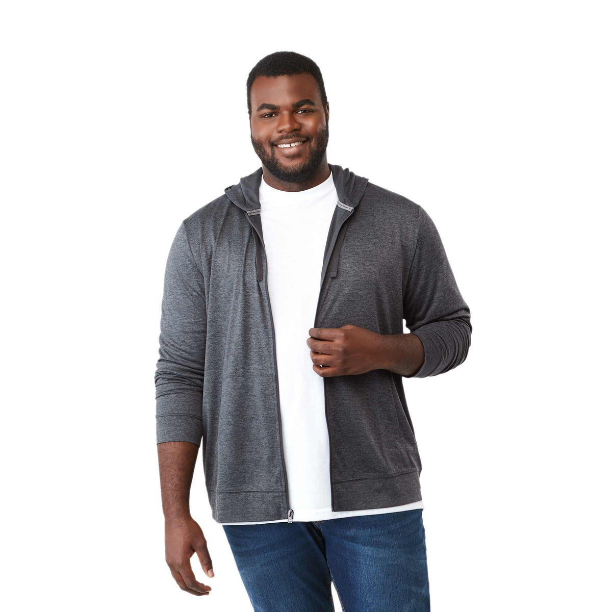 Lavar Eco Knit Full Zip Hoodie for Men Transfer - Heather Dark Charcoal - Front On Model