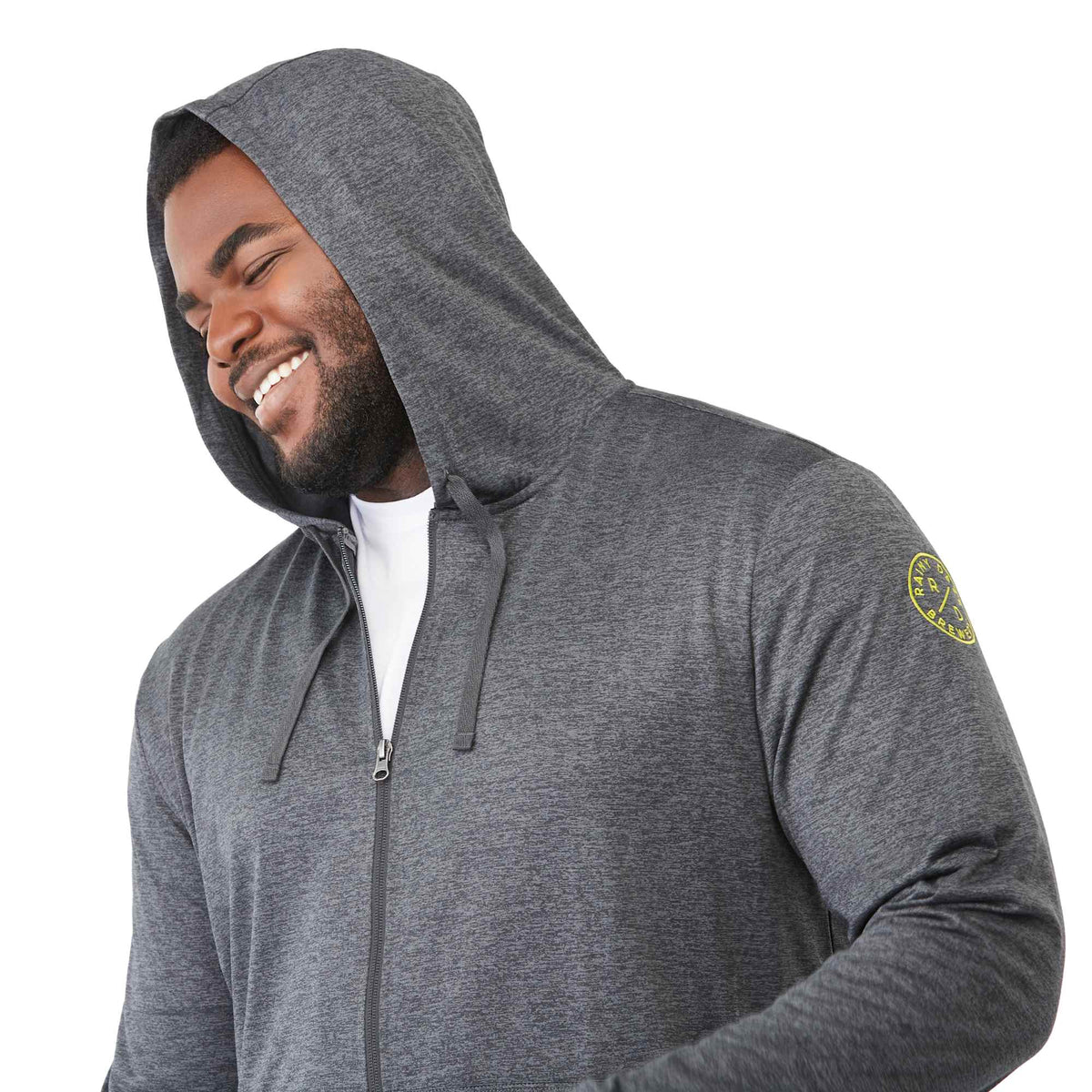 Lavar Eco Knit Full Zip Hoodie for Men Transfer - Heather Dark Charcoal - Left Angle On Model