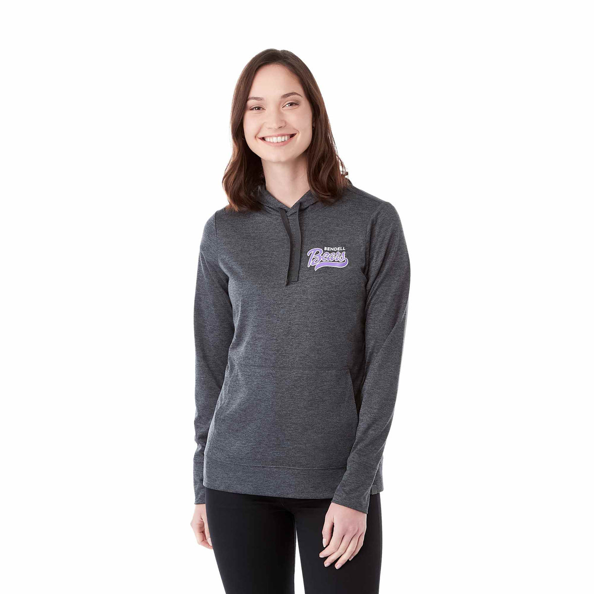 Lavar Eco Knit Pullover Hoodie for Women Embroidery - Heather Dark Charcoal - Front On Model 2