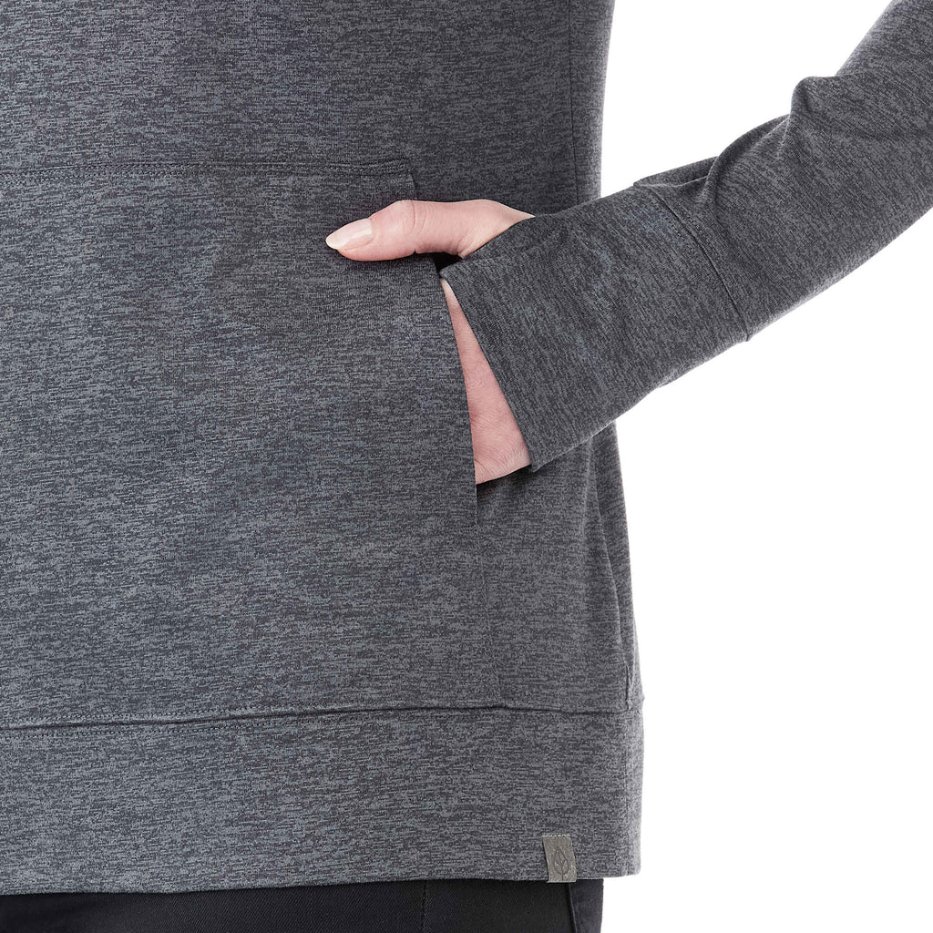 Lavar Eco Knit Pullover Hoodie for Women Transfer - Heather Dark Charcoal - Left Angle On Model Pocket
