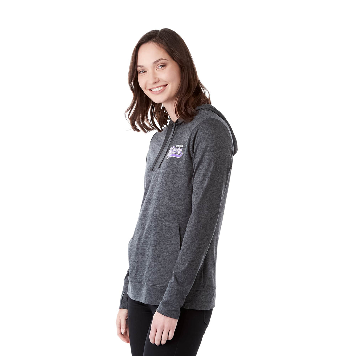 Lavar Eco Knit Pullover Hoodie for Women Transfer - Heather Dark Charcoal - Left Angle On Model