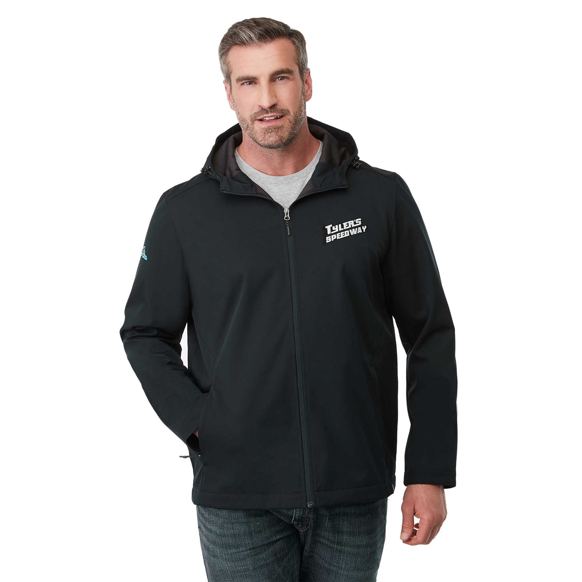 Lefroy Recycled Softshell Jacket with Hood for Men Debossing - Navy - On Model Front