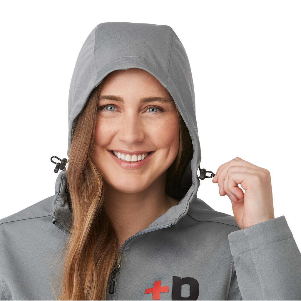 Lefroy Recycled Softshell Jacket with Hood for Women Debossing - Quarry - On Model Detail