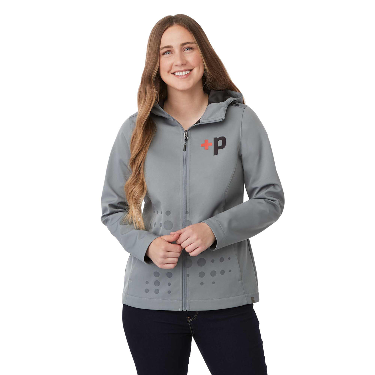 Lefroy Recycled Softshell Jacket with Hood for Women Debossing - Quarry - On Model Front