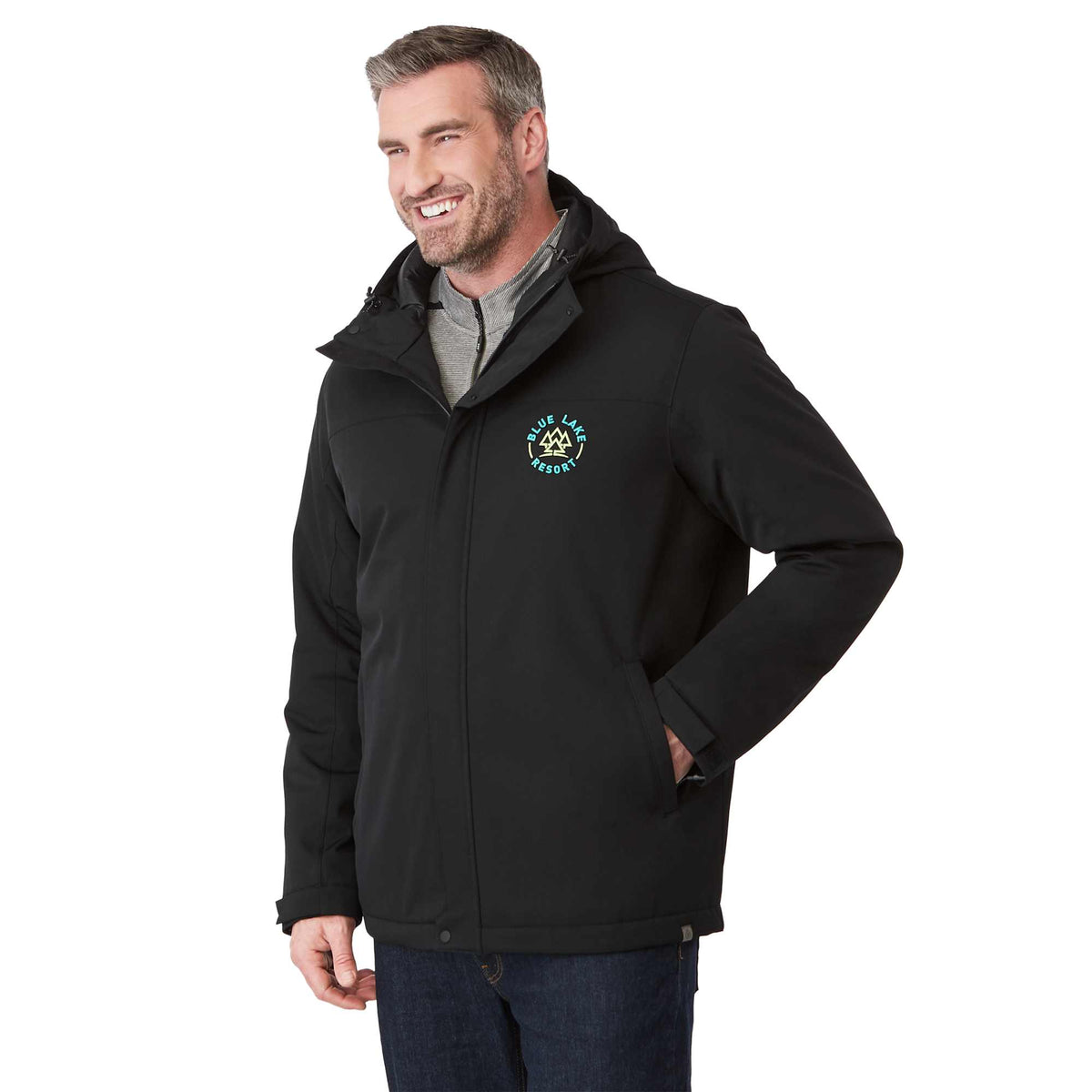 Lena Recycled Insulated Jacket with Hood for Men Debossing - Black - On Model Right Angle