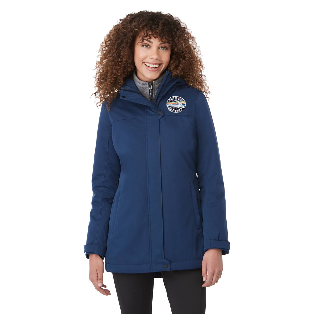 Lena Recycled Insulated Jacket with Hood for Women Debossing - River Blue - On Model Front 3