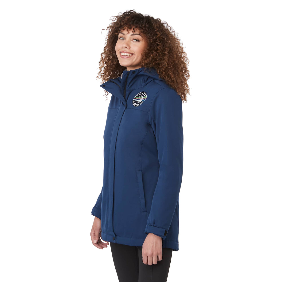 Lena Recycled Insulated Jacket with Hood for Women Debossing - River Blue - On Model Right Angle