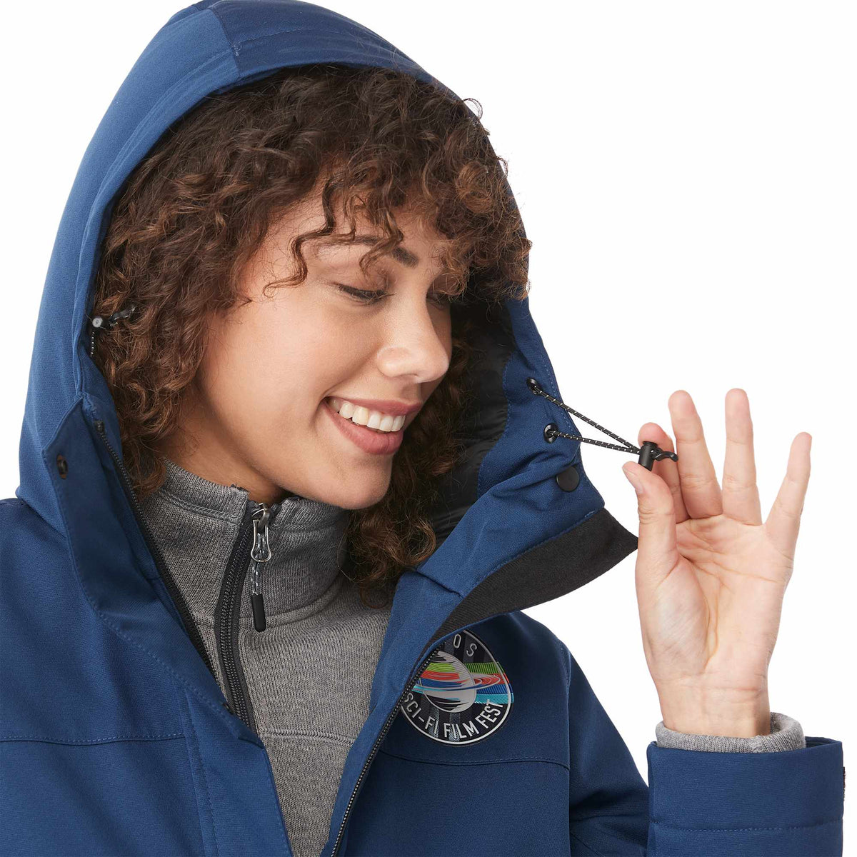 Lena Recycled Insulated Jacket with Hood for Women Embroidery - River Blue - On Model Detail 2