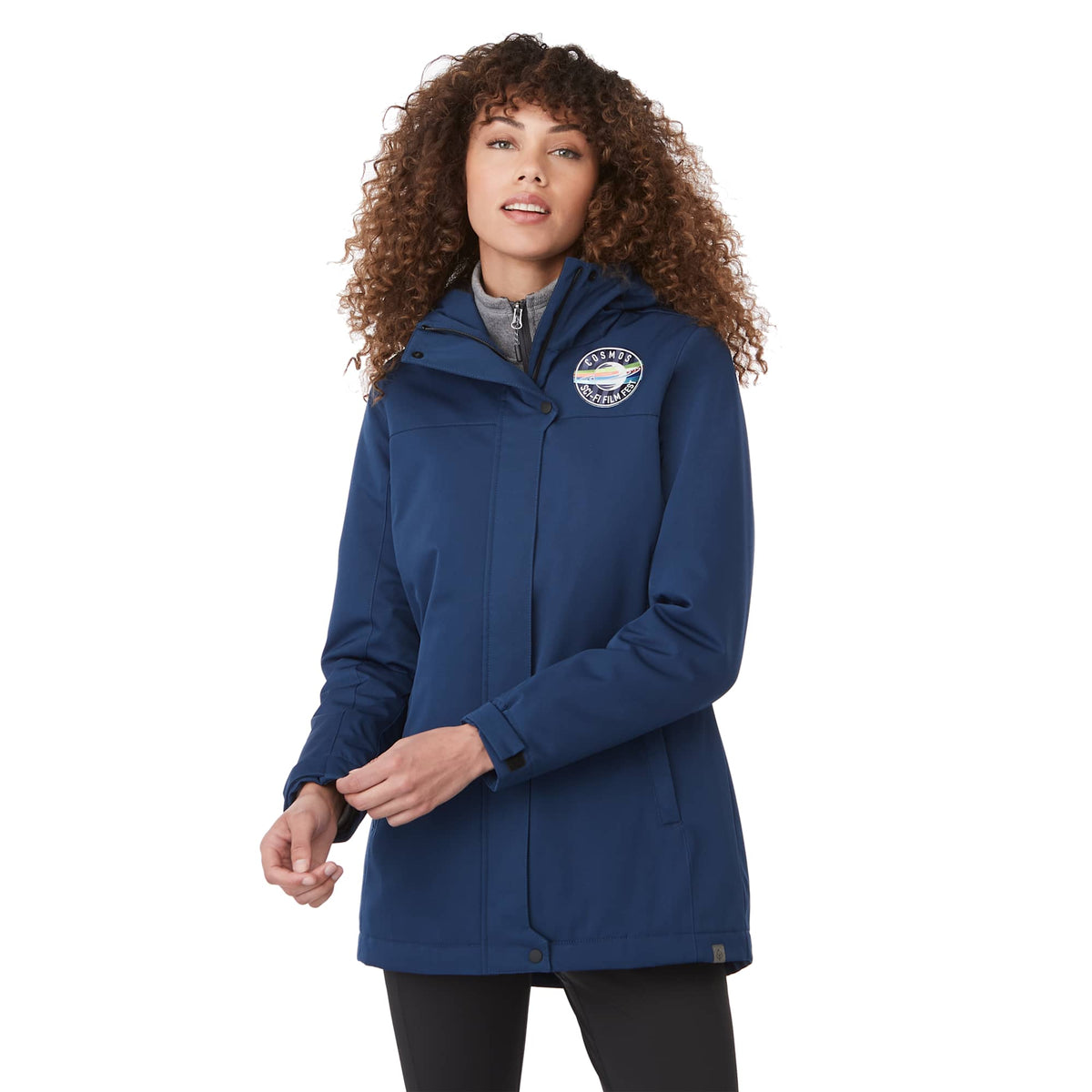 Lena Recycled Insulated Jacket with Hood for Women Embroidery - River Blue - On Model Front