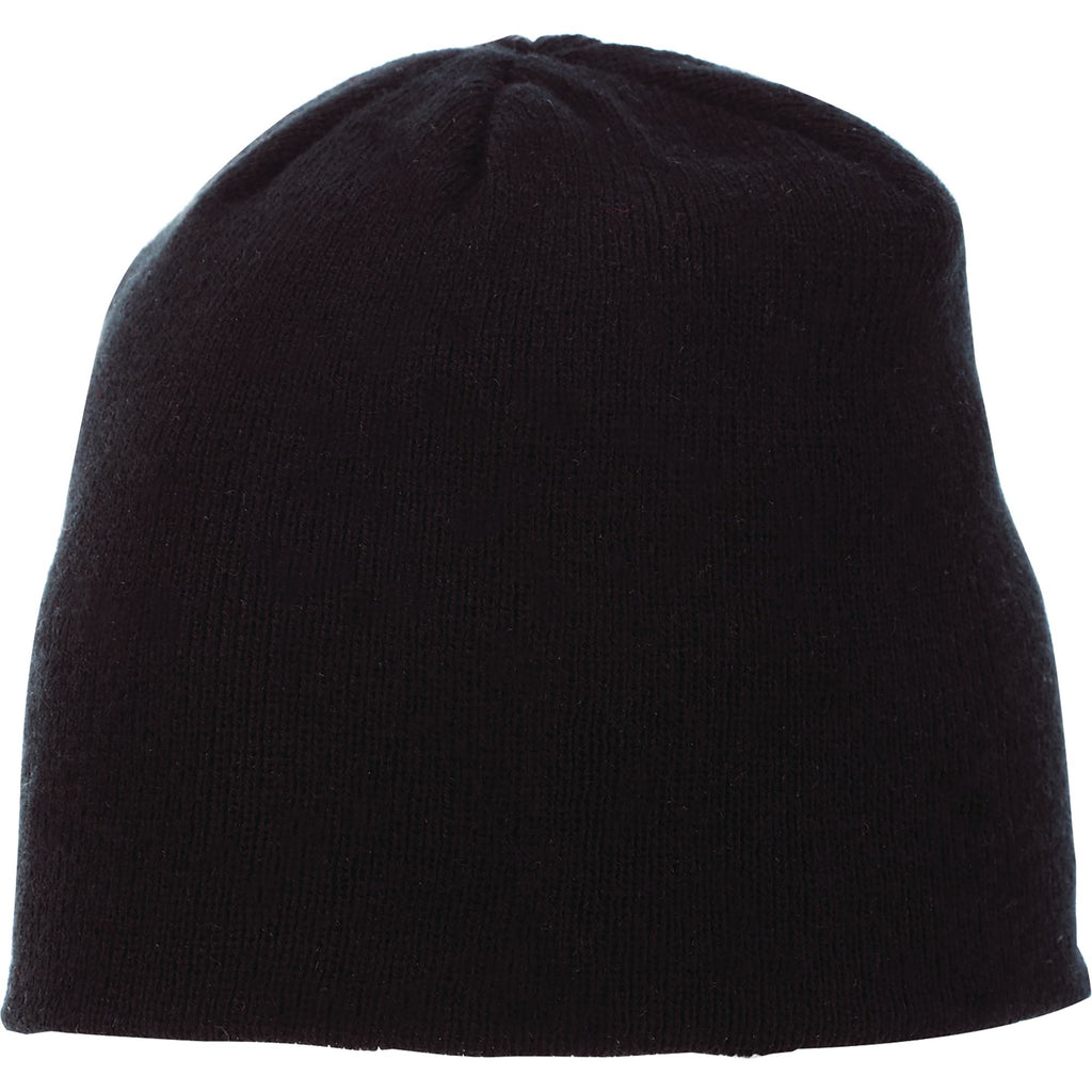 Level Rib Knit Beanie, Double Layer Embroidery - Black - Front Flat