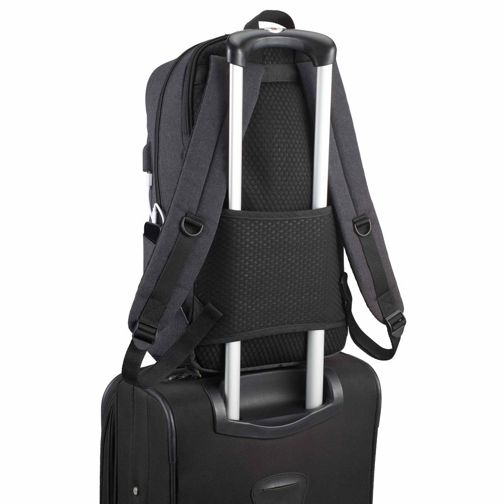 Linden Laptop Backpack with USB Port, 15 Inch Embroidery - Charcoal - Back