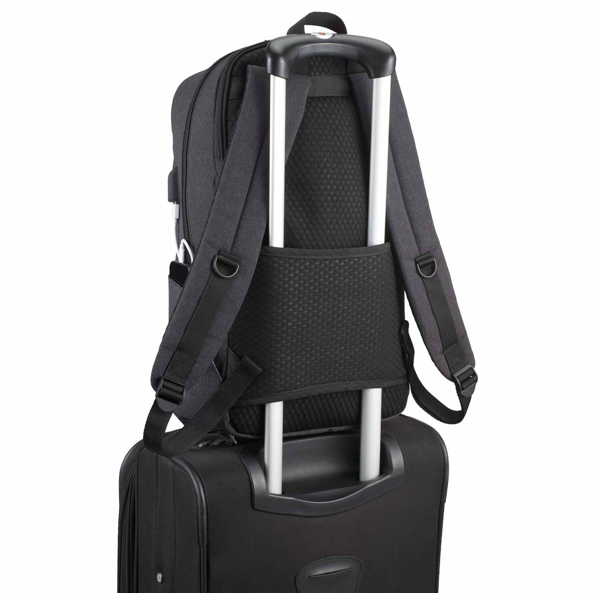 Linden Laptop Backpack with USB Port, 15 Inch Embroidery - Charcoal - Back