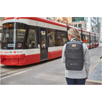Linden Laptop Backpack with USB Port, 15 Inch Embroidery - Charcoal - On Model Front
