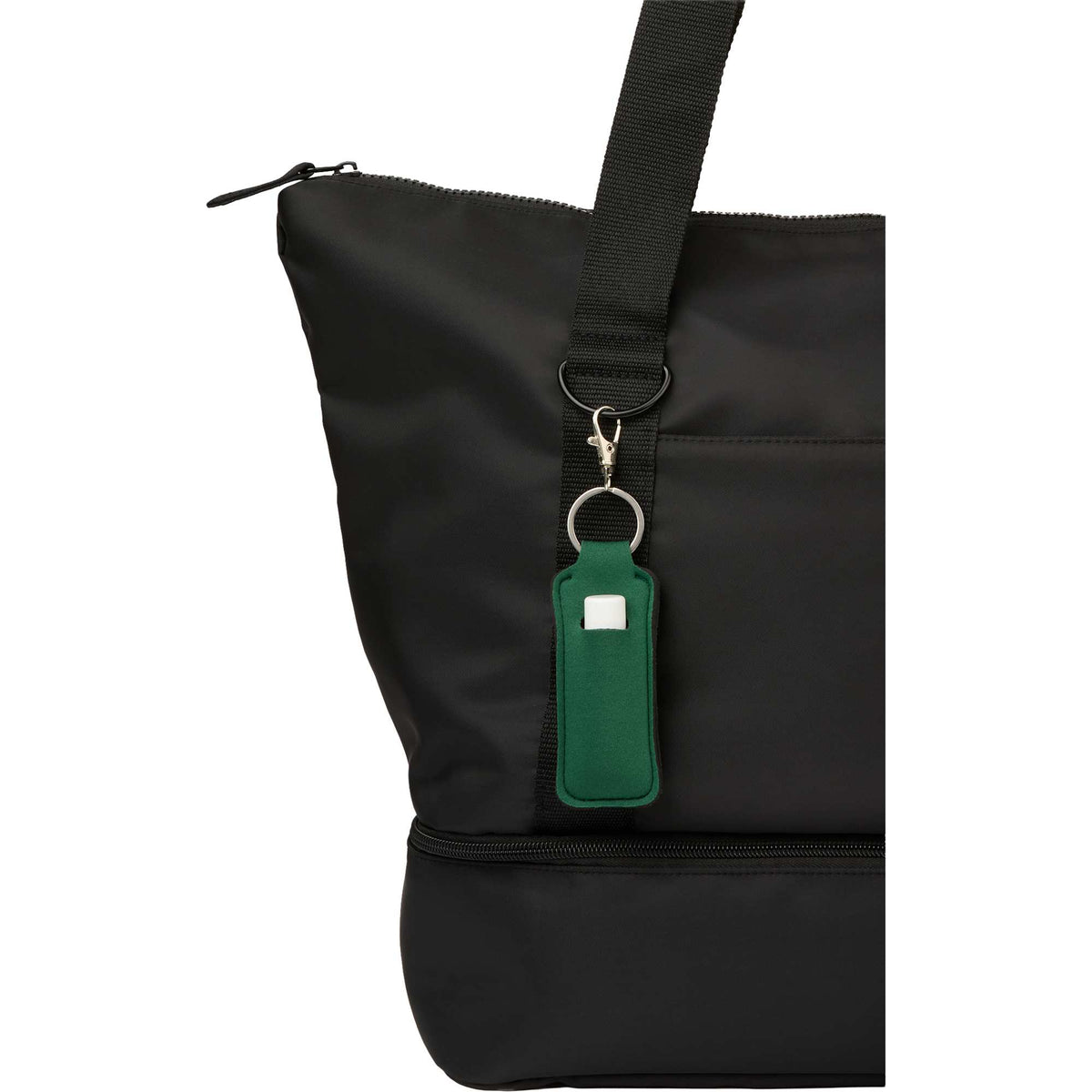 Lip Balm Holder Bottle Charm in Neoprene - Dark Green - Propped On Model Bag