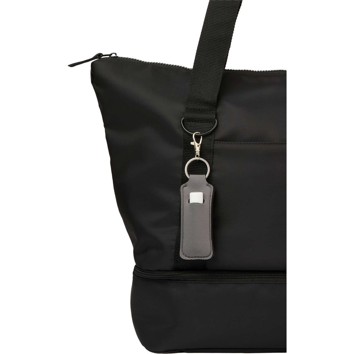Lip Balm Holder Bottle Charm in Neoprene - Gray - Propped On Model Bag