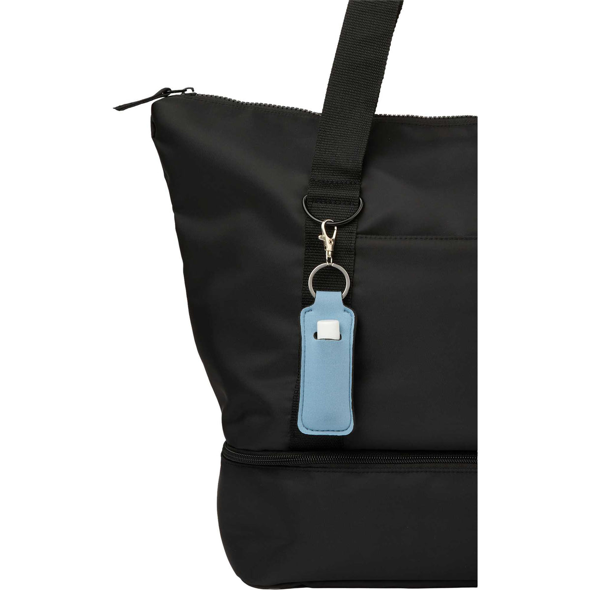 Lip Balm Holder Bottle Charm in Neoprene - Light Blue - Propped On Model Bag