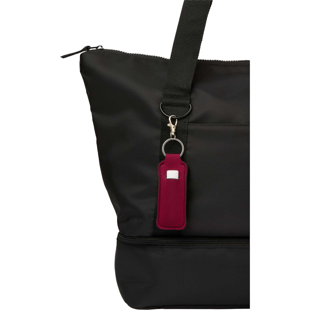Lip Balm Holder Bottle Charm in Neoprene - Maroon - Propped On Model Bag