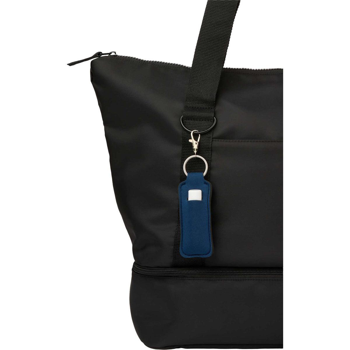Lip Balm Holder Bottle Charm in Neoprene - Navy - Propped On Model Bag