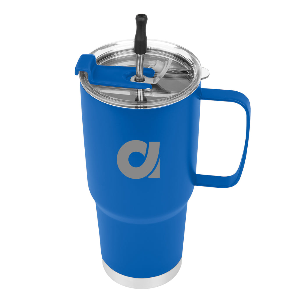 Lisbon Stainless Steel Tumbler with Straw, 30 oz - Blue - Silk Screen