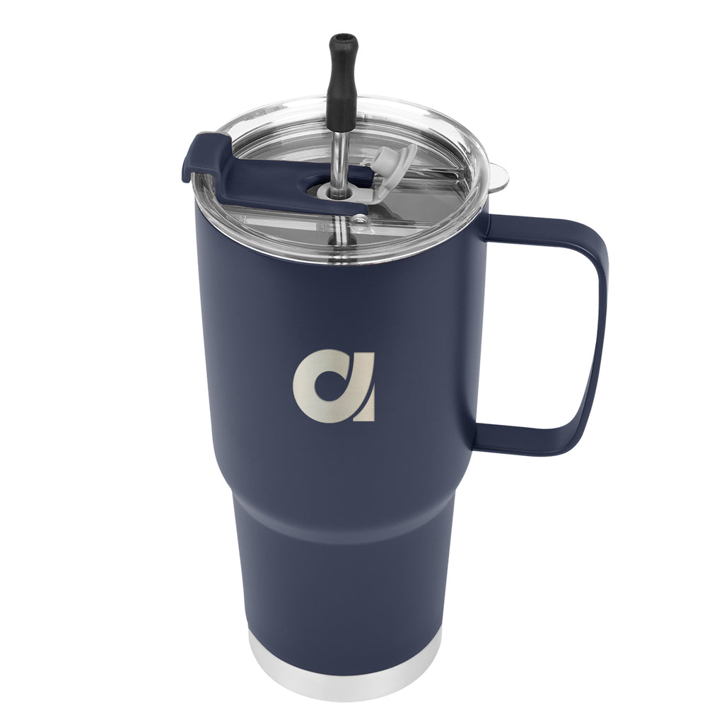 Lisbon Stainless Steel Tumbler with Straw, 30 oz - Navy - Laser