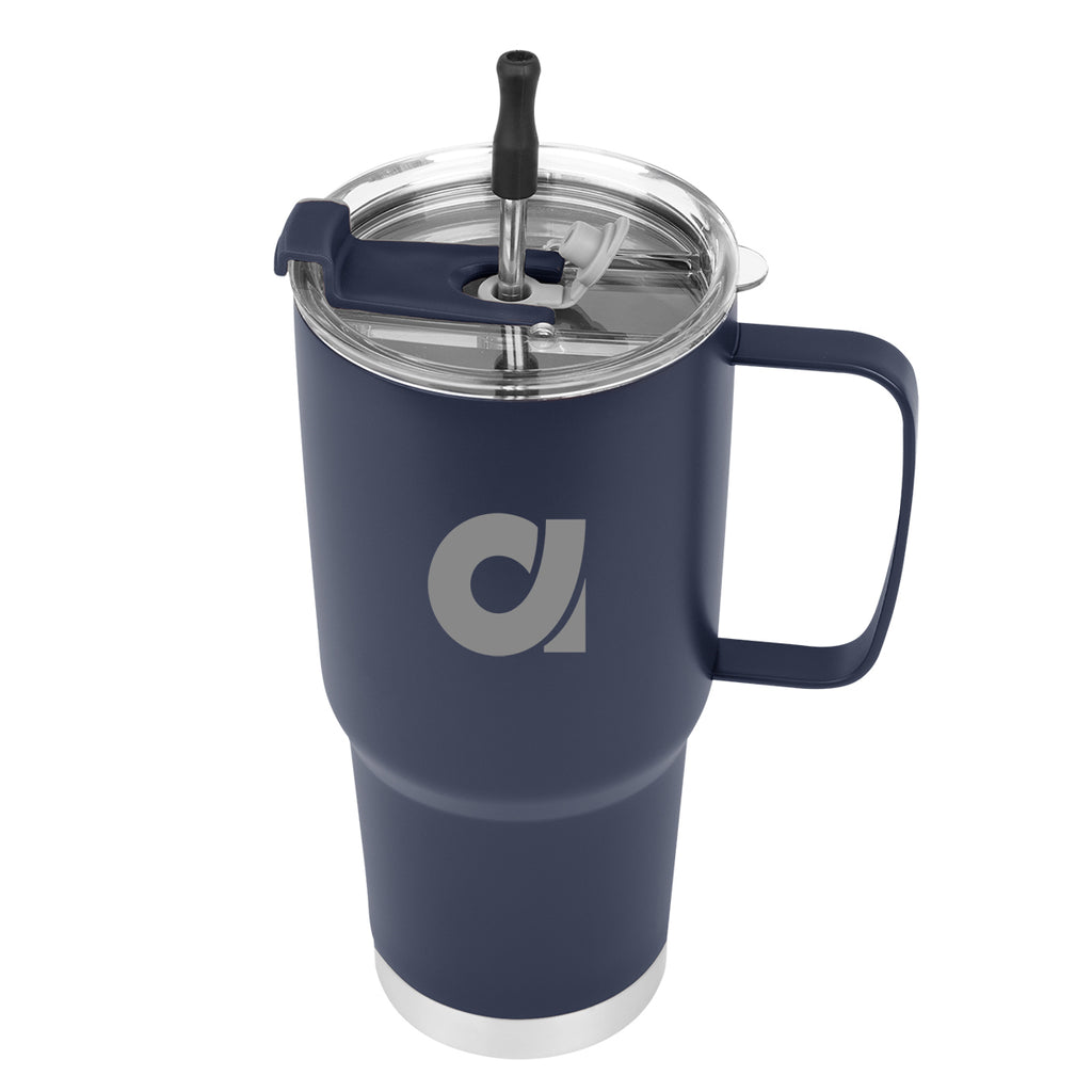 Lisbon Stainless Steel Tumbler with Straw, 30 oz - Navy - Silk Screen