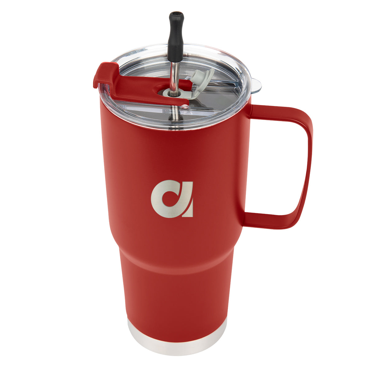 Lisbon Stainless Steel Tumbler with Straw, 30 oz - Red - Laser