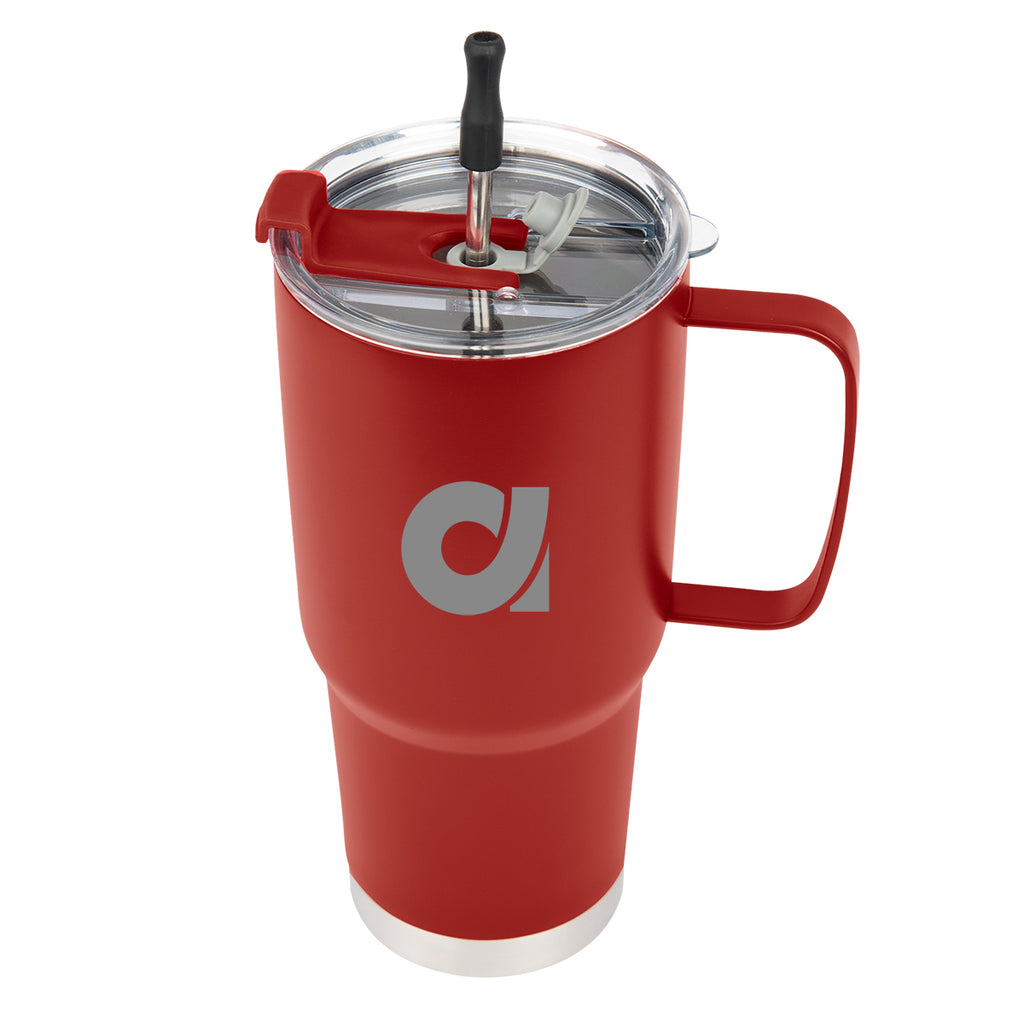 Lisbon Stainless Steel Tumbler with Straw, 30 oz - Red - Silk Screen
