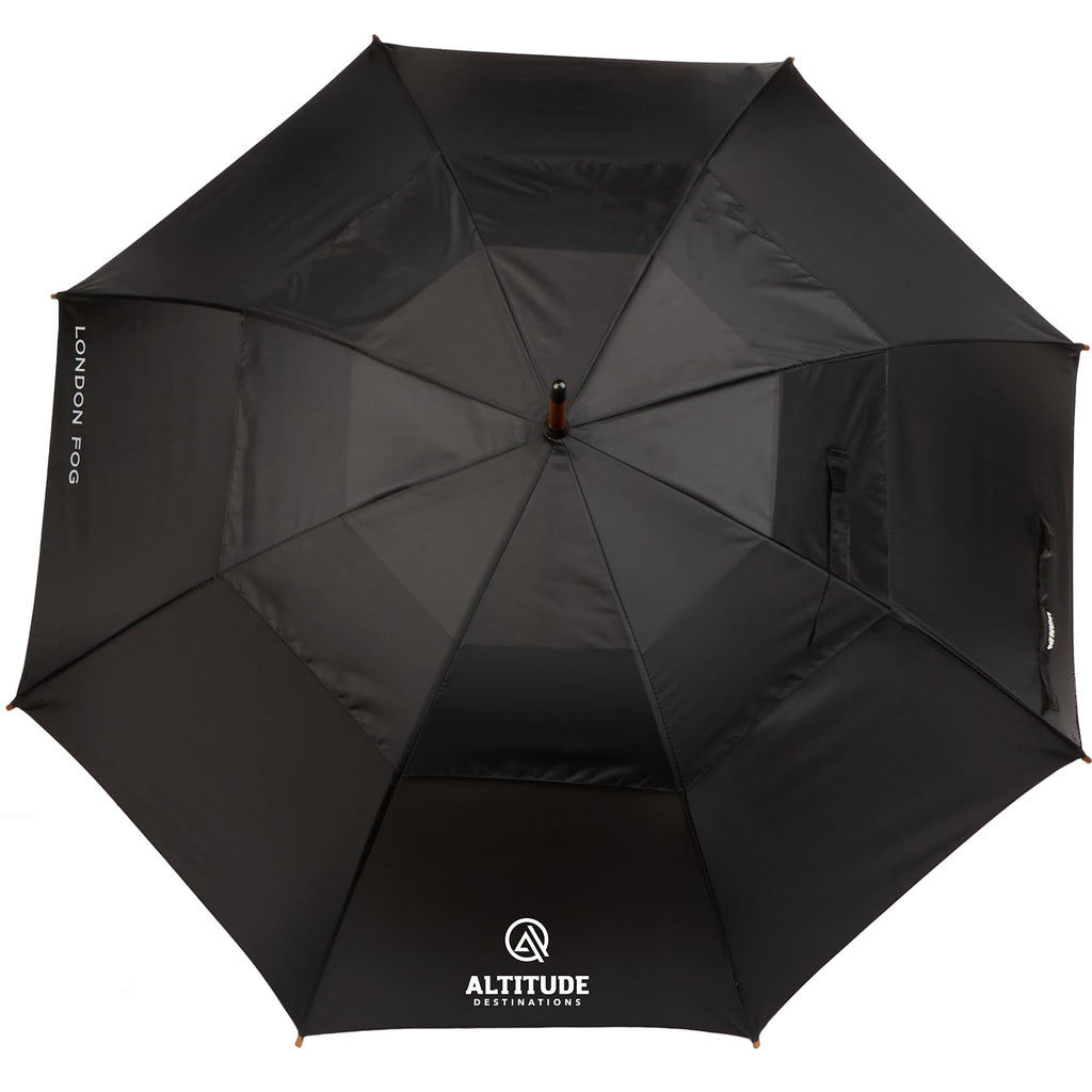 London Fog Automatic Stick Umbrella with Wooden Handle, 48 Inch Arc Transfer - Black - Front