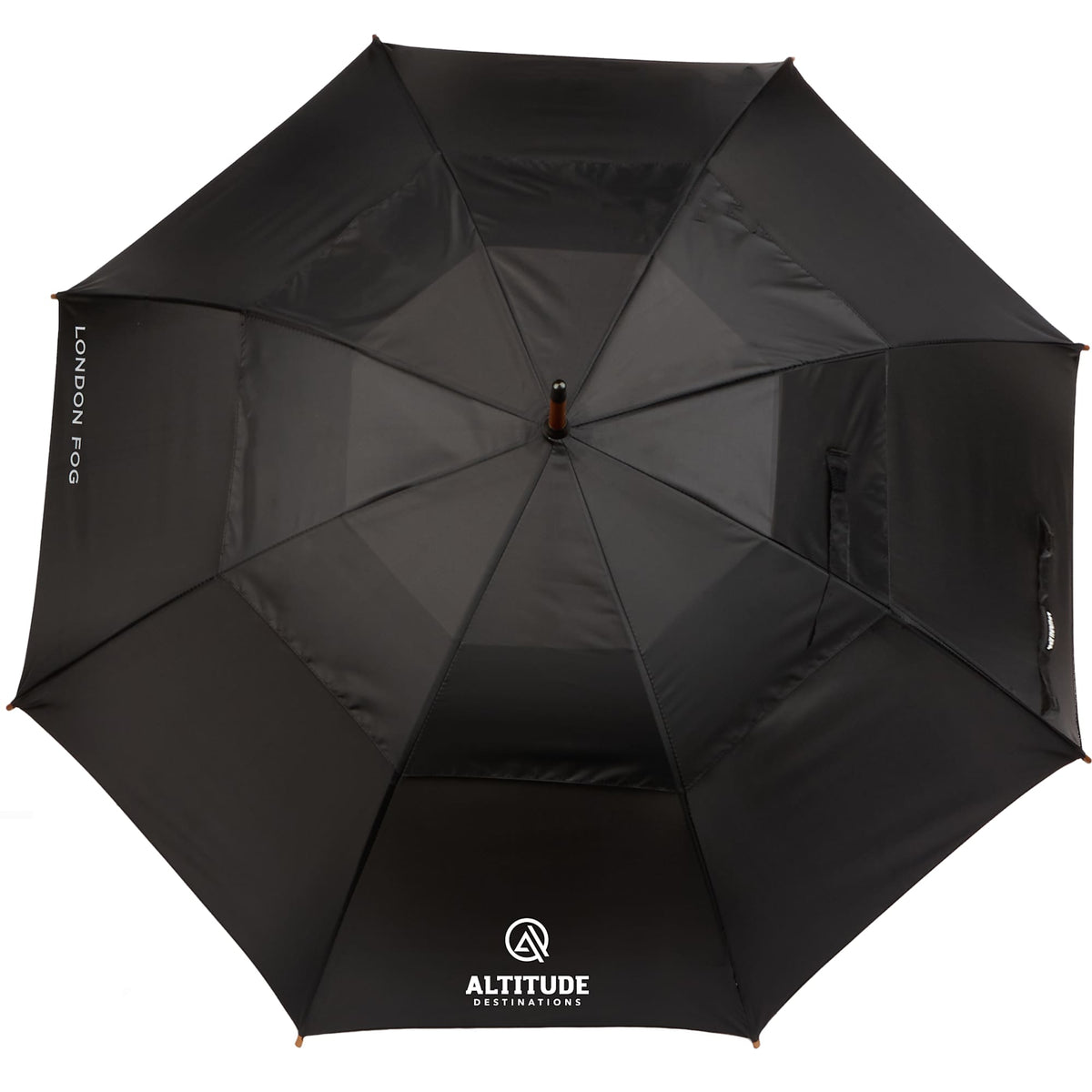 London Fog Automatic Stick Umbrella with Wooden Handle, 48 Inch Arc Transfer - Black - Front
