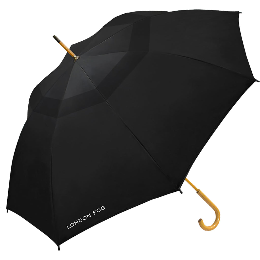 London Fog Automatic Stick Umbrella with Wooden Handle, 48 Inch Arc Transfer - Black - Right Angle Open