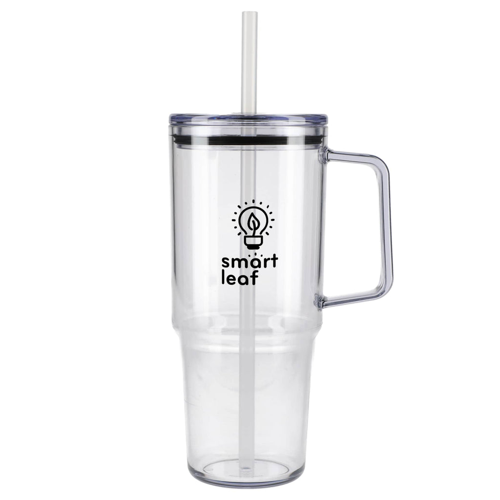 Lucien Recycled Acrylic Travel Mug with Handle, 40 oz - Clear - Front 2