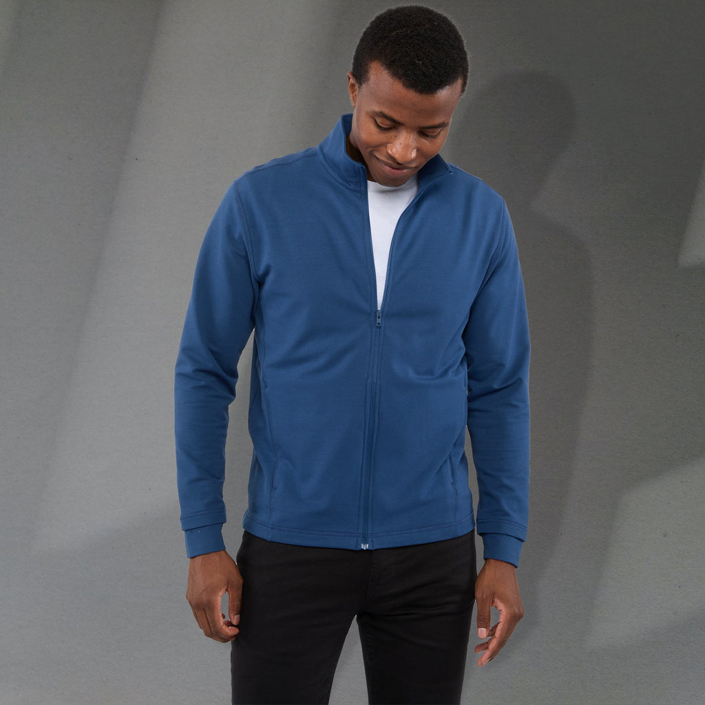 Lyon Stretch French Terry Full Zip Jacket for Men Embroidery - River Blue - Front On Model 4