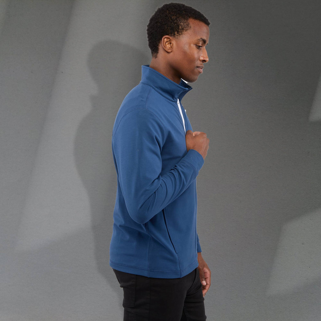 Lyon Stretch French Terry Full Zip Jacket for Men Embroidery - River Blue - Right Side On Model 2