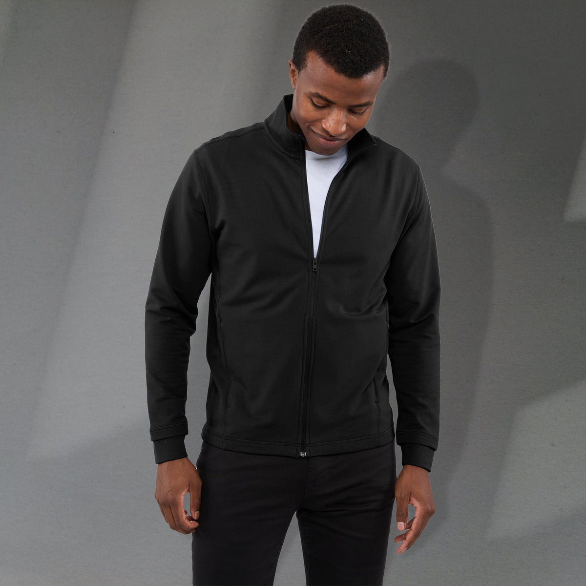 Lyon Stretch French Terry Full Zip Jacket for Men Transfer - Black - Front On Model