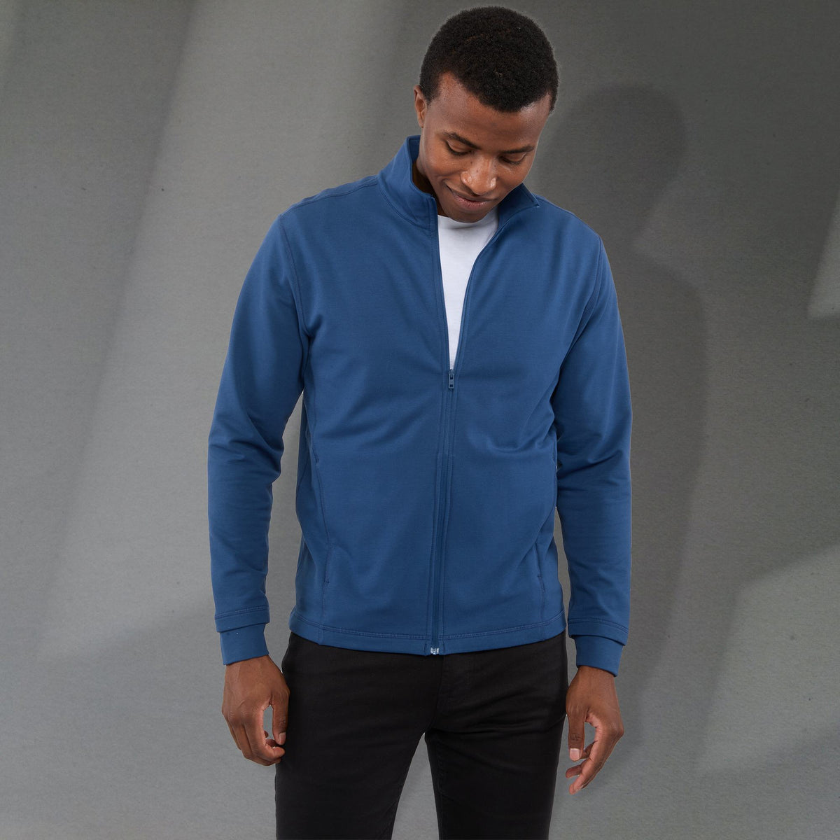 Lyon Stretch French Terry Full Zip Jacket for Men Transfer - River Blue - Front On Model 4