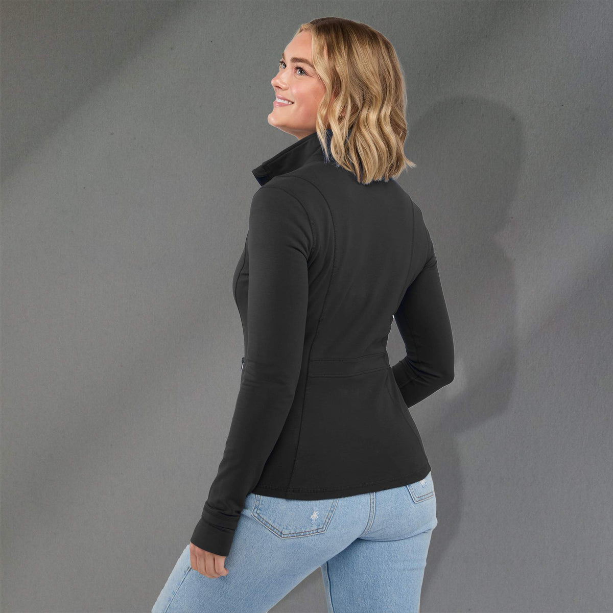 Lyon Stretch French Terry Full Zip Jacket for Women Embroidery - Black - Back On Model
