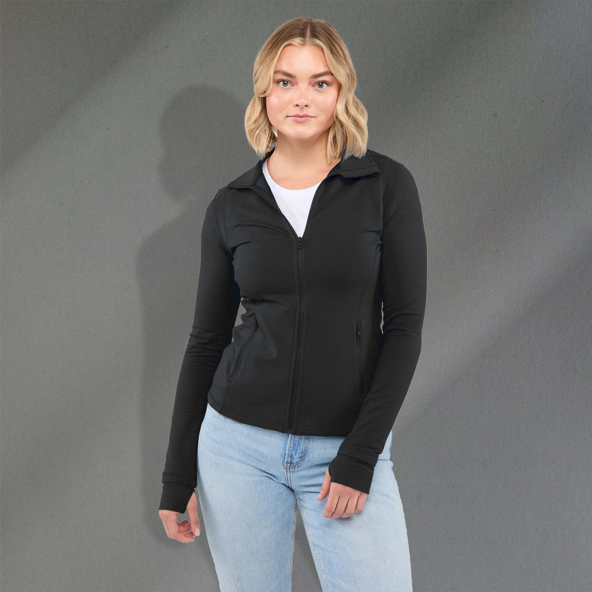 Lyon Stretch French Terry Full Zip Jacket for Women Embroidery - Black - Front On Model