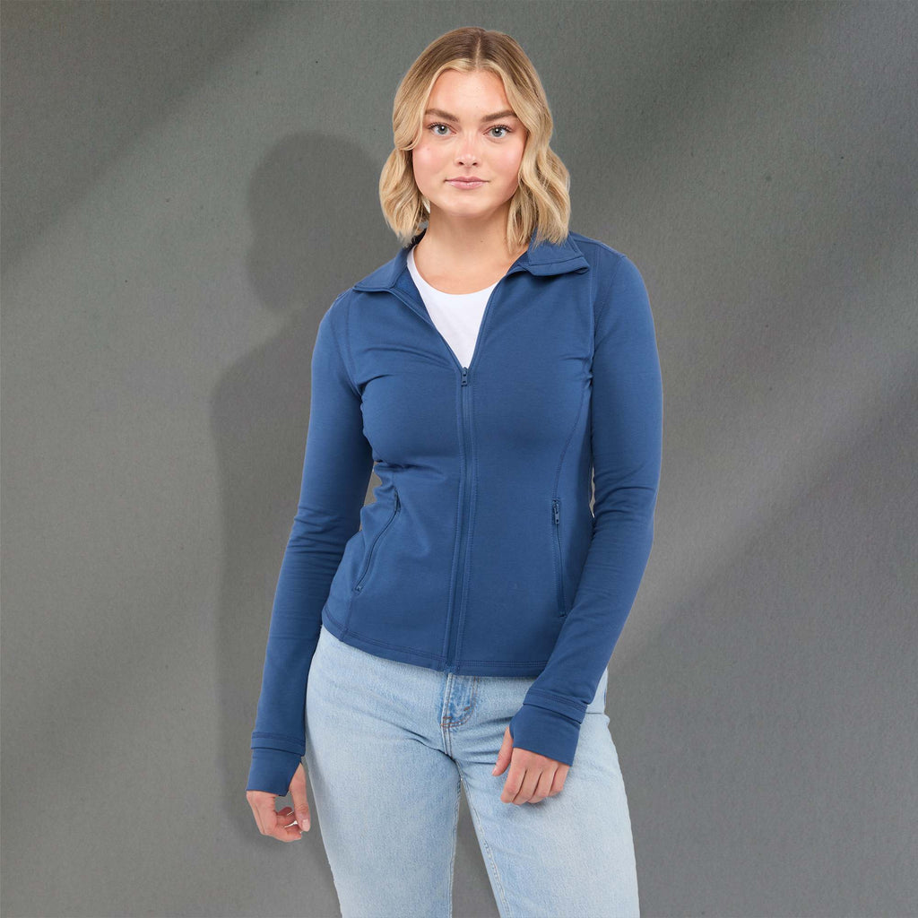 Lyon Stretch French Terry Full Zip Jacket for Women Embroidery - River Blue - Front On Model 2